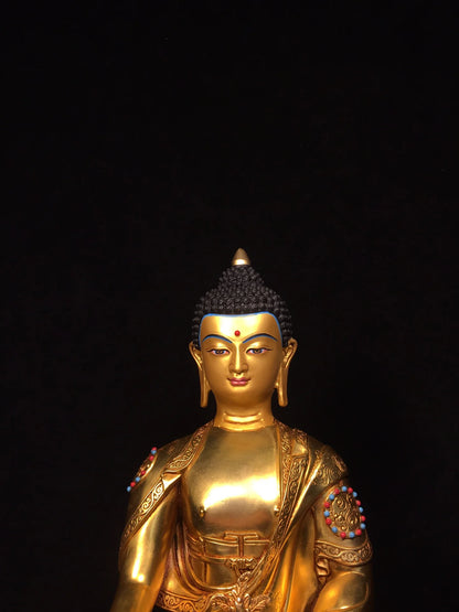 13"Tibetan Temple Collection Old Bronze Gilded Painted Face Mosaic Gem Medicine Buddha Lotus Terrace Sitting Buddha Worship Hall
