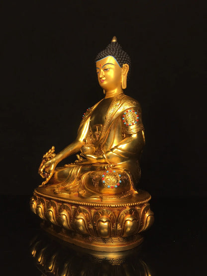 13"Tibetan Temple Collection Old Bronze Gilded Painted Face Mosaic Gem Medicine Buddha Lotus Terrace Sitting Buddha Worship Hall
