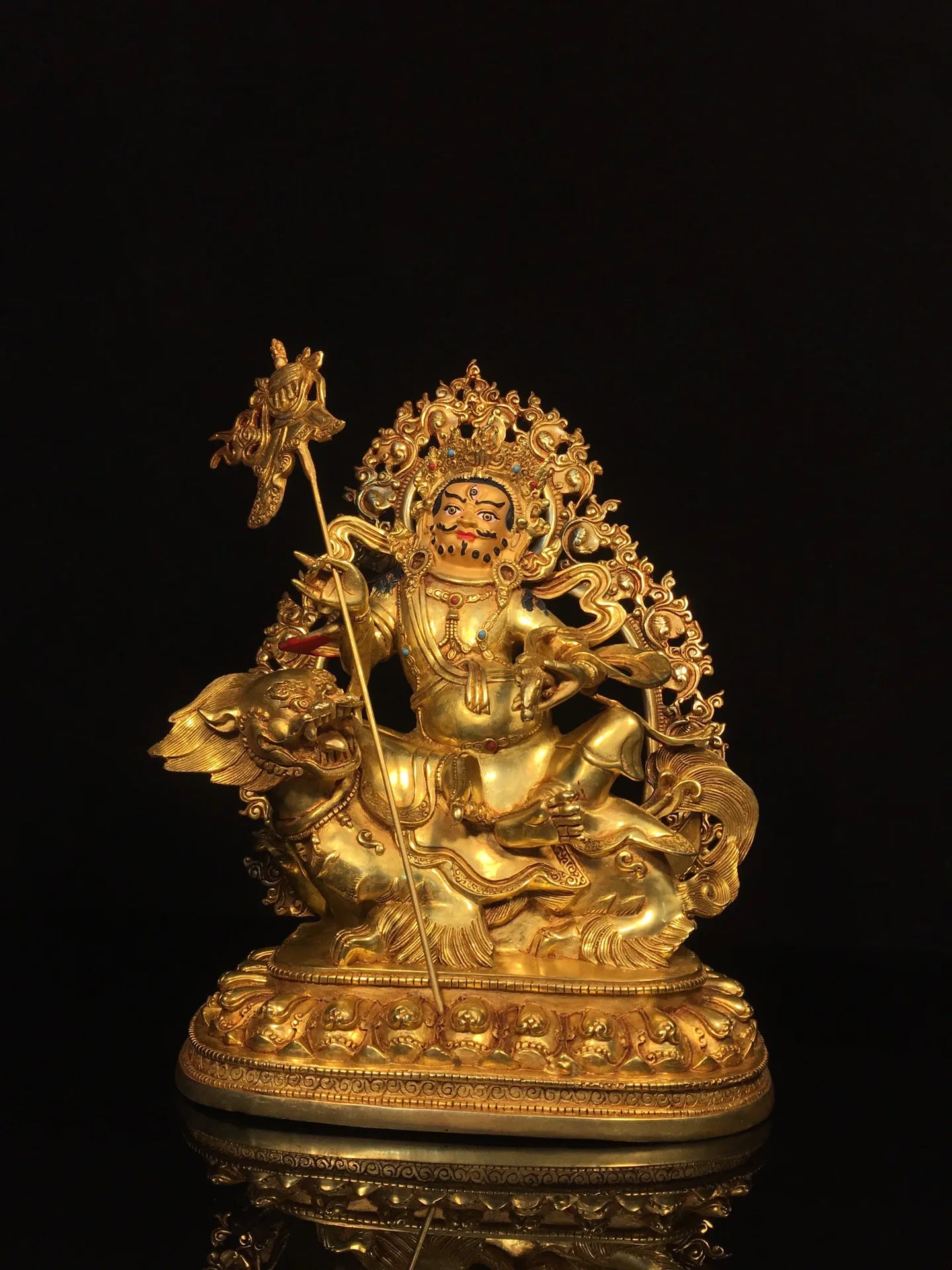 13”Tibetan Temple Collection Old Bronze Gilded Painted Face Vaisravana Treasure King Buddha ride Animals Backlight worship hall
