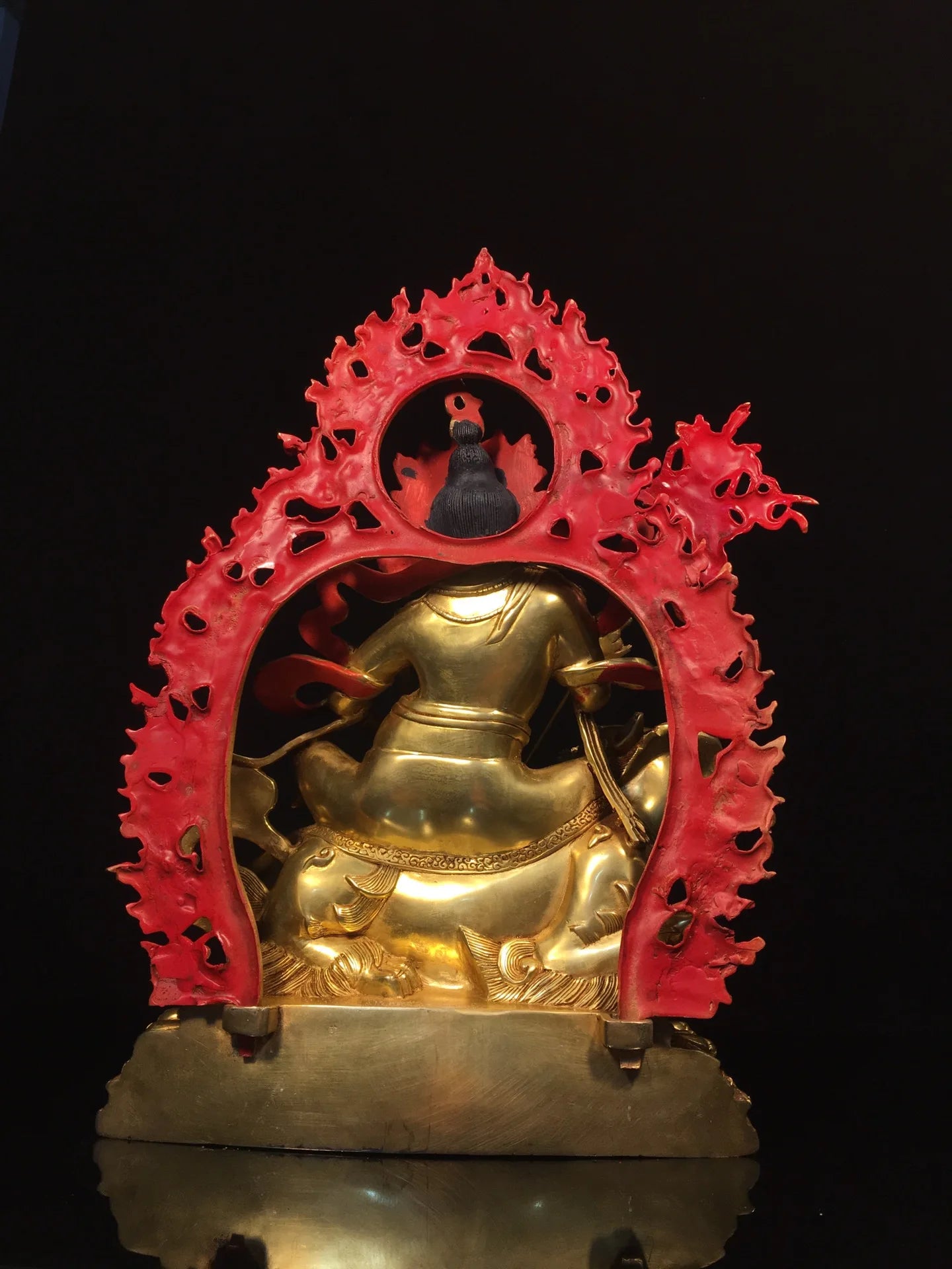 13”Tibetan Temple Collection Old Bronze Gilded Painted Face Vaisravana Treasure King Buddha ride Animals Backlight worship hall