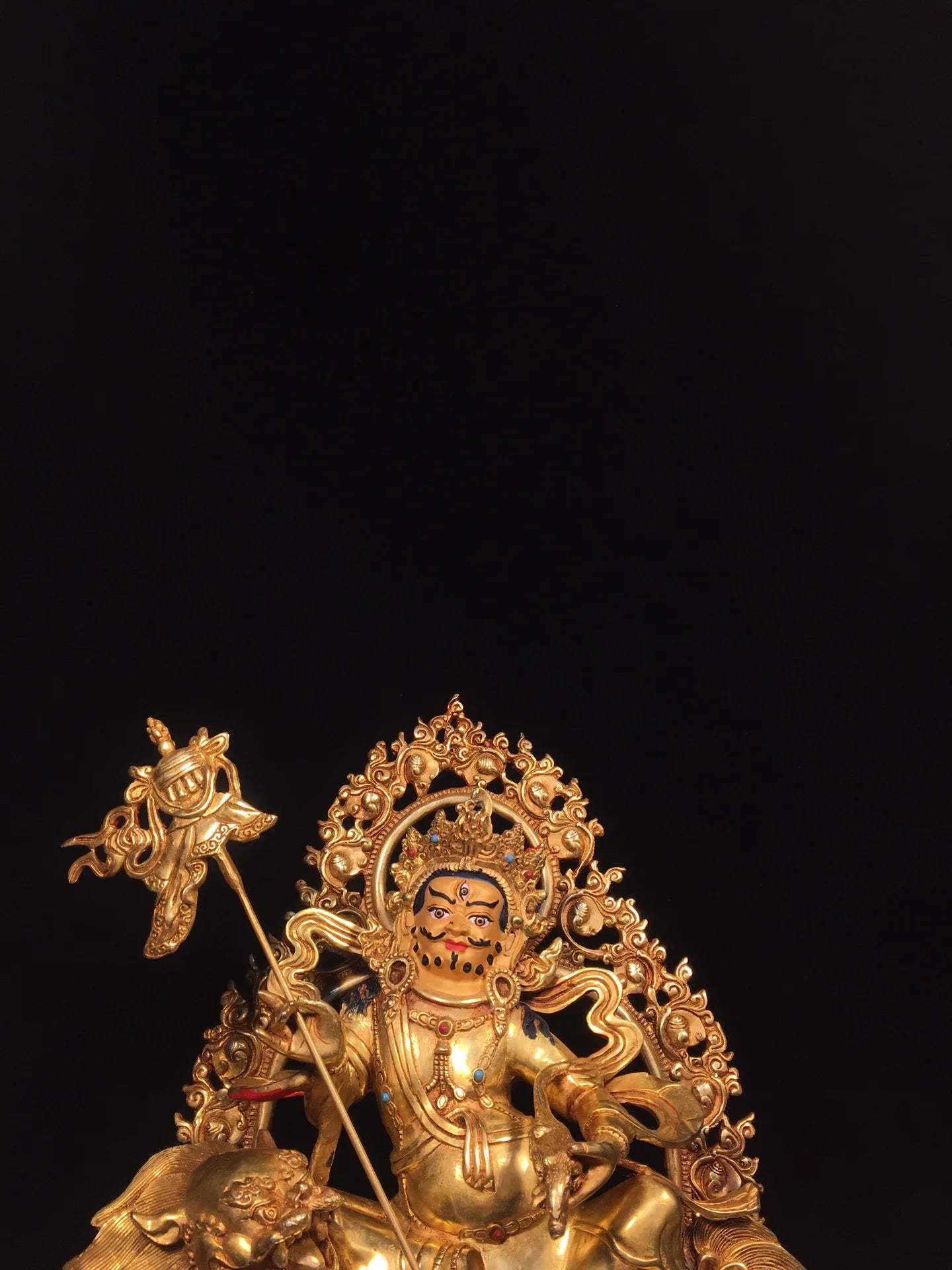 13”Tibetan Temple Collection Old Bronze Gilded Painted Face Vaisravana Treasure King Buddha ride Animals Backlight worship hall