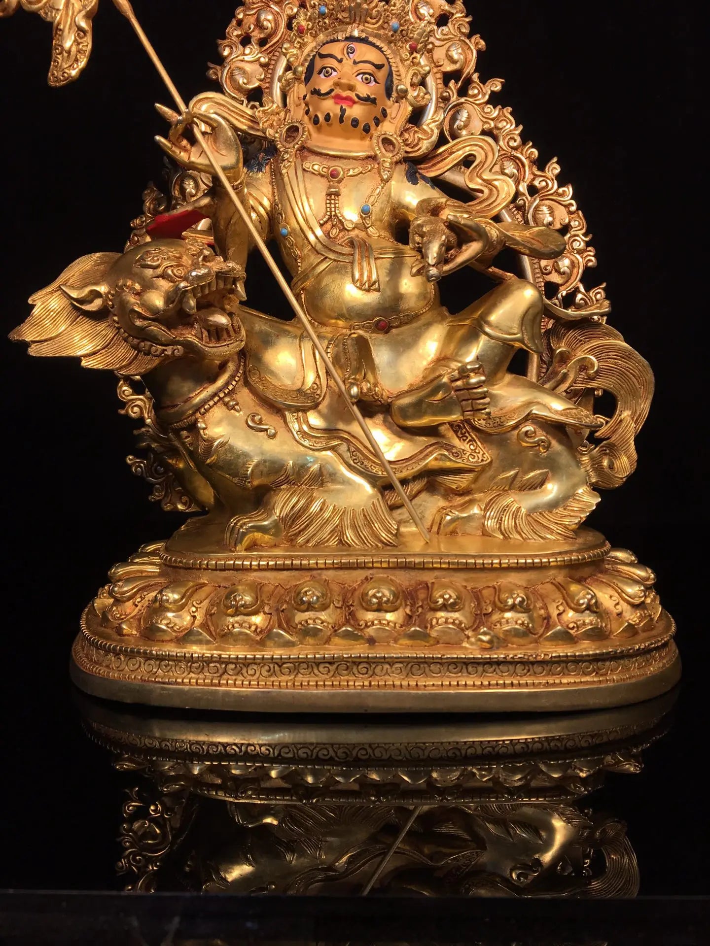 13”Tibetan Temple Collection Old Bronze Gilded Painted Face Vaisravana Treasure King Buddha ride Animals Backlight worship hall
