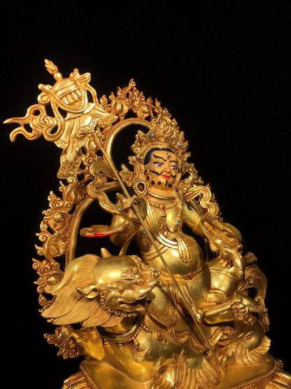 13”Tibetan Temple Collection Old Bronze Gilded Painted Face Vaisravana Treasure King Buddha ride Animals Backlight worship hall