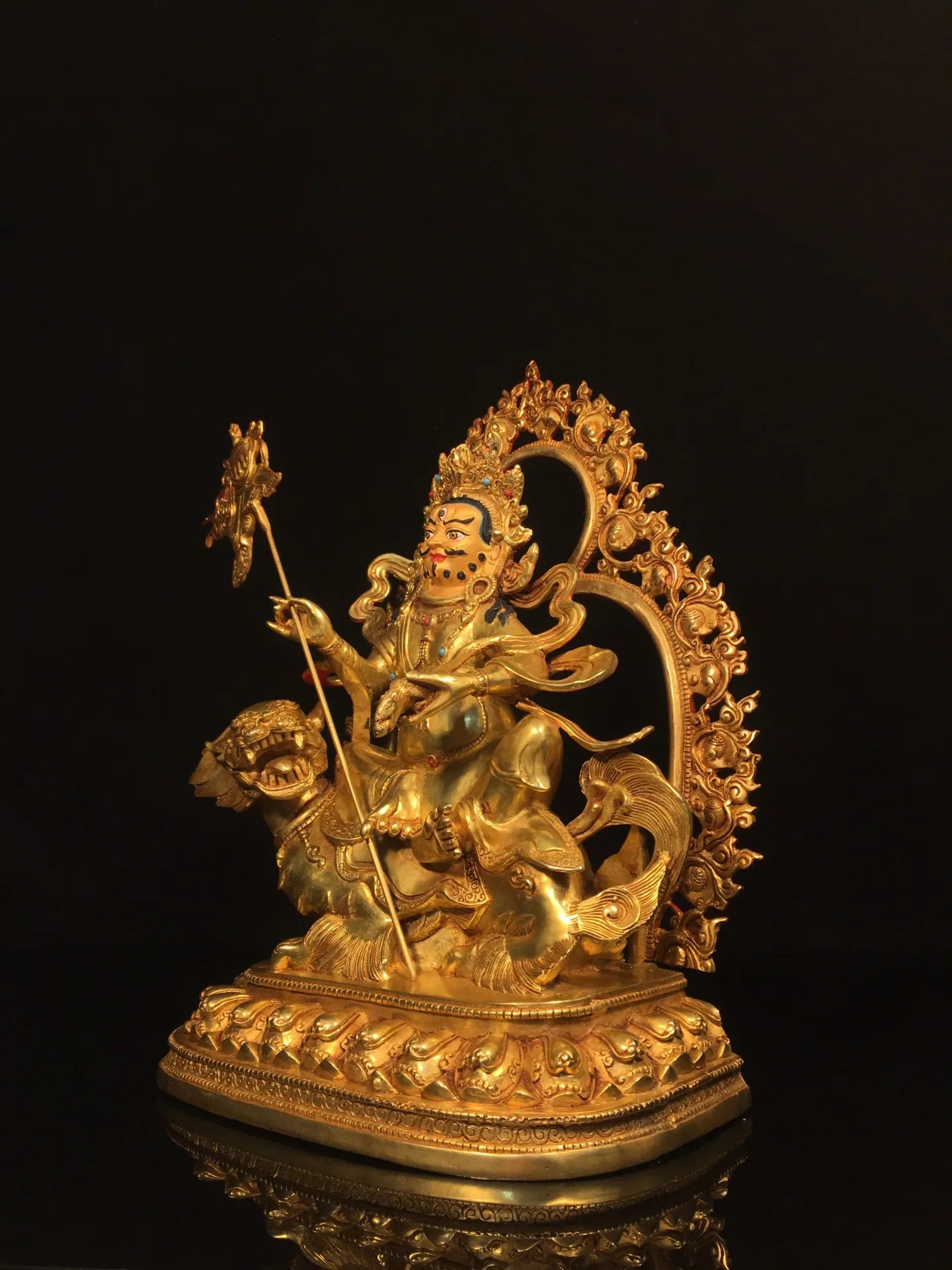 13”Tibetan Temple Collection Old Bronze Gilded Painted Face Vaisravana Treasure King Buddha ride Animals Backlight worship hall