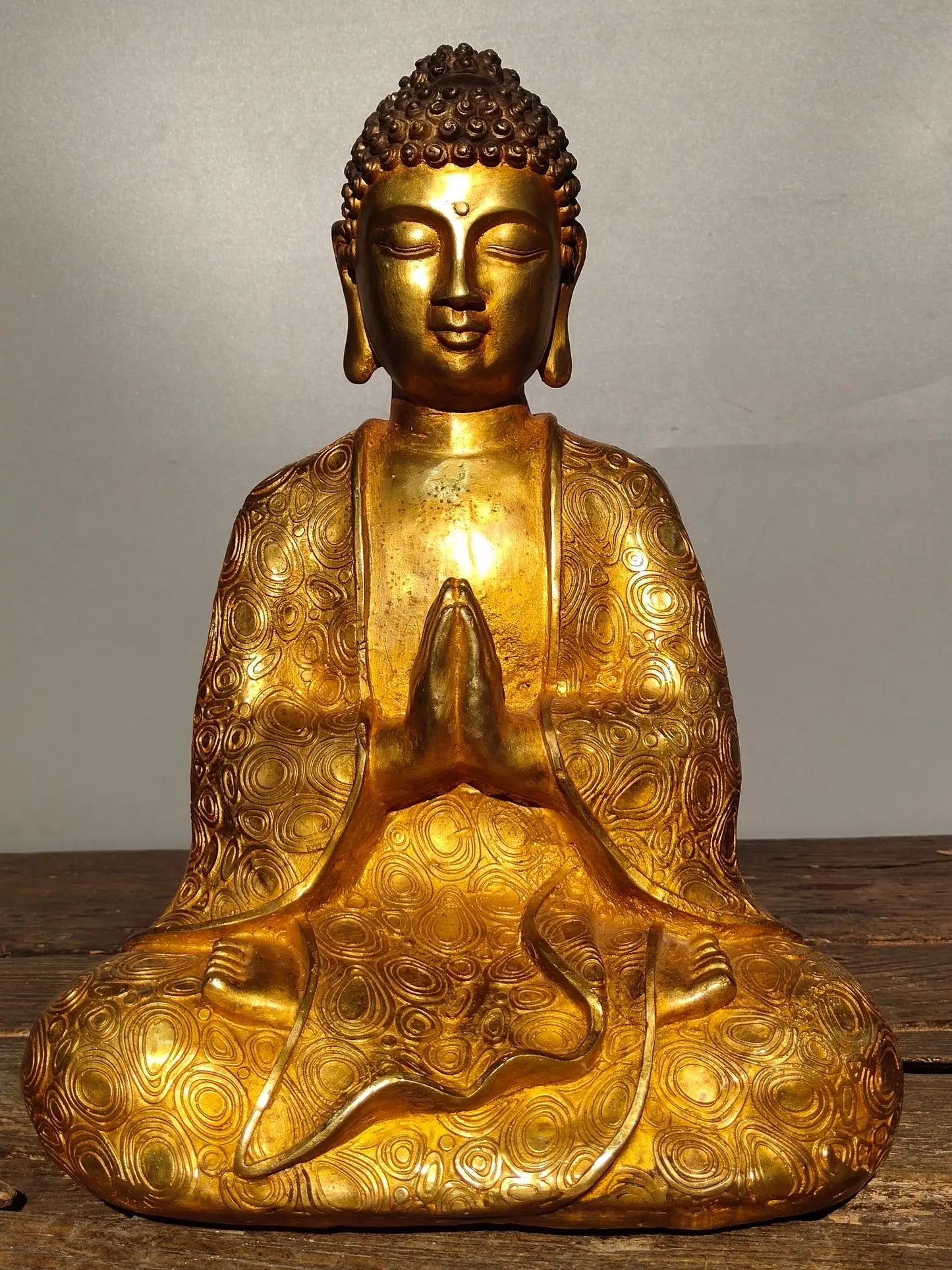13"Tibetan Temple Collection Old Bronze Gilt Sakyamuni Robe Sitting Buddha Amitabha Ornaments Town House Exorcism