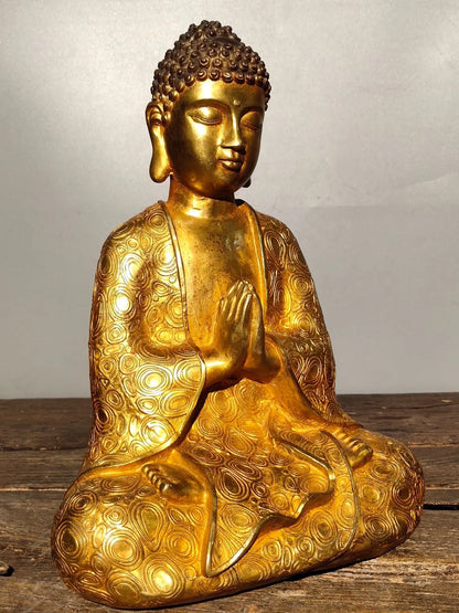 13"Tibetan Temple Collection Old Bronze Gilt Sakyamuni Robe Sitting Buddha Amitabha Ornaments Town House Exorcism