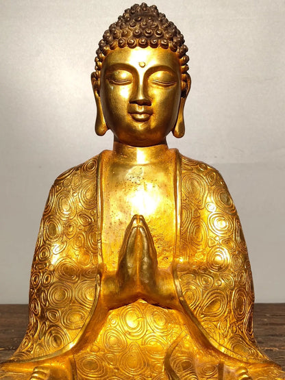 13"Tibetan Temple Collection Old Bronze Gilt Sakyamuni Robe Sitting Buddha Amitabha Ornaments Town House Exorcism