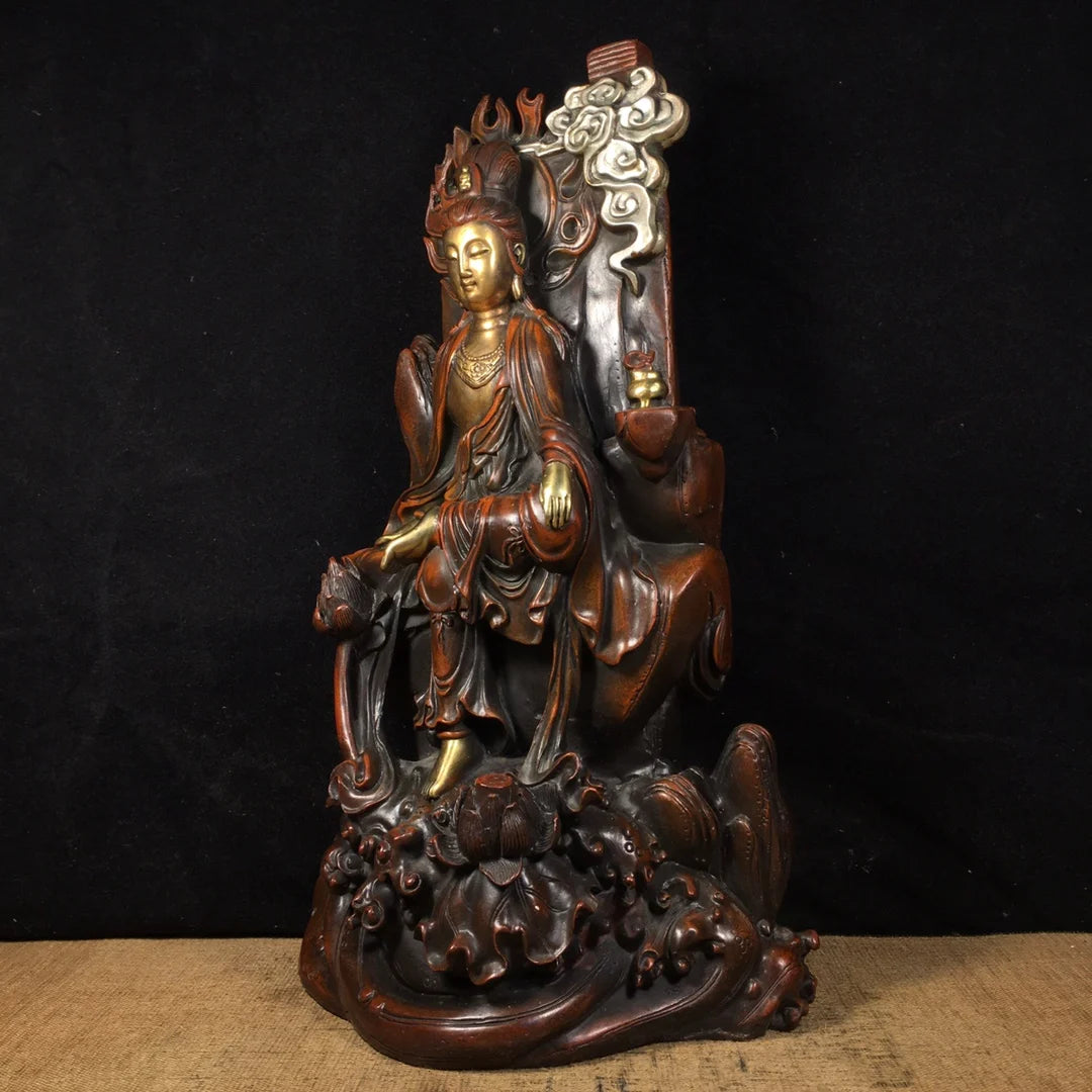 13" Tibetan Temple Collection Old Bronze Gilt real gold silver comfortable Guanyin Bodhisattva Buddha Terrace worship hall