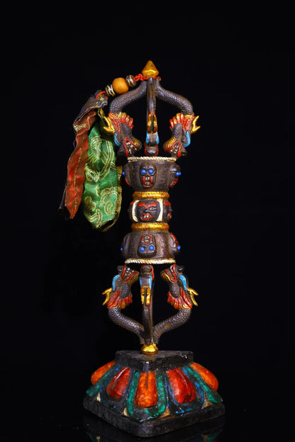 13"Tibetan Temple Collection Old Bronze Mosaic Gem Painted Skull Head five shares Dorje Vajra Phurpa Town House Exorcism