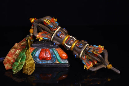 13"Tibetan Temple Collection Old Bronze Mosaic Gem Painted Skull Head five shares Dorje Vajra Phurpa Town House Exorcism