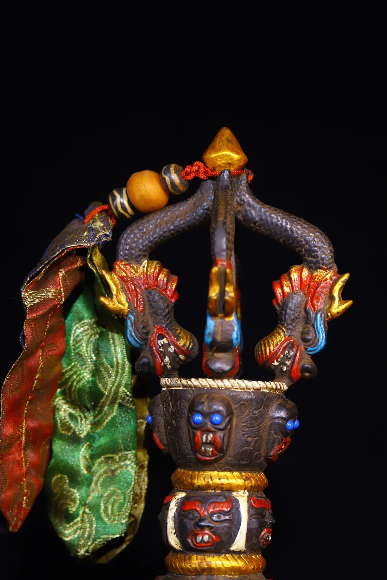 13"Tibetan Temple Collection Old Bronze Mosaic Gem Painted Skull Head five shares Dorje Vajra Phurpa Town House Exorcism