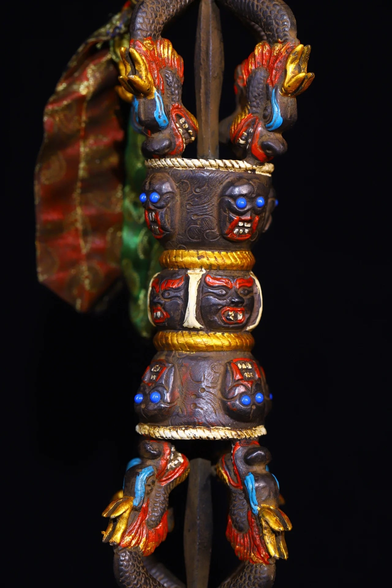 13"Tibetan Temple Collection Old Bronze Mosaic Gem Painted Skull Head five shares Dorje Vajra Phurpa Town House Exorcism