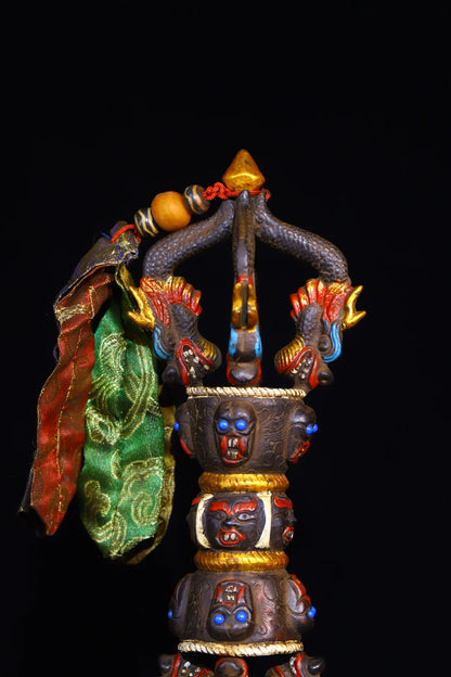 13"Tibetan Temple Collection Old Bronze Mosaic Gem Painted Skull Head five shares Dorje Vajra Phurpa Town House Exorcism
