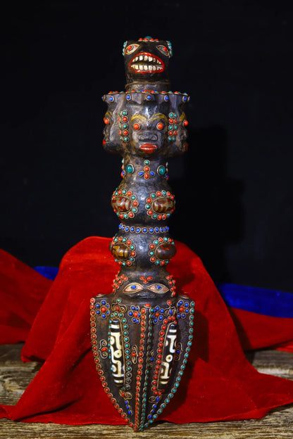 13"Tibetan Temple Collection Old Bronze Natural Meteorite Cinnabar Mosaic Gem gZi Beads Vajra Phurpa Amulet Town House Exorcism