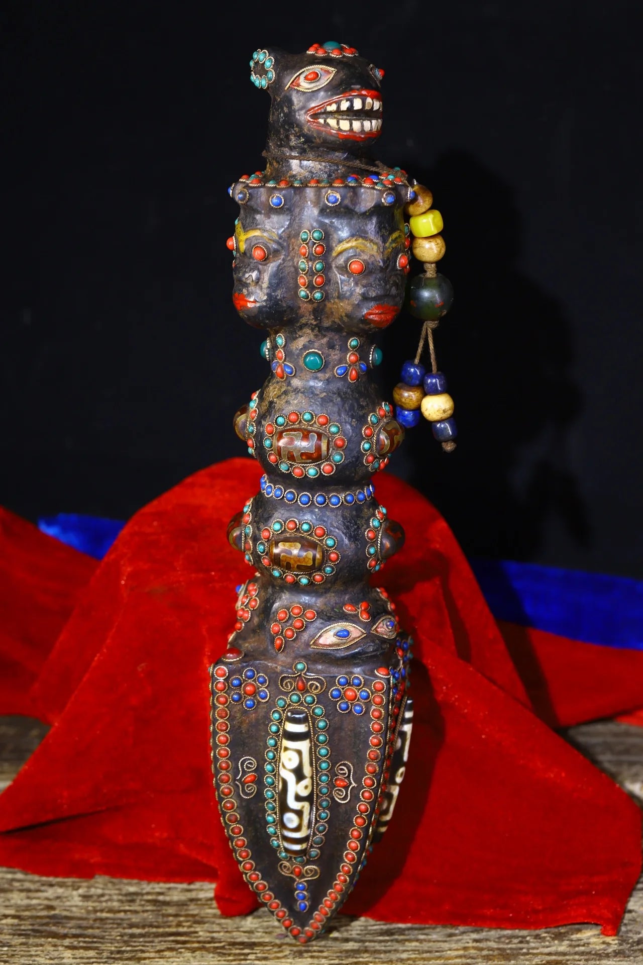 13"Tibetan Temple Collection Old Bronze Natural Meteorite Cinnabar Mosaic Gem gZi Beads Vajra Phurpa Amulet Town House Exorcism