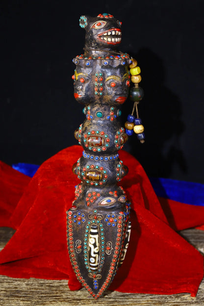 13"Tibetan Temple Collection Old Bronze Natural Meteorite Cinnabar Mosaic Gem gZi Beads Vajra Phurpa Amulet Town House Exorcism