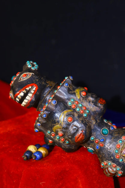 13"Tibetan Temple Collection Old Bronze Natural Meteorite Cinnabar Mosaic Gem gZi Beads Vajra Phurpa Amulet Town House Exorcism