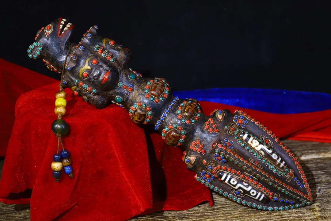 13"Tibetan Temple Collection Old Bronze Natural Meteorite Cinnabar Mosaic Gem gZi Beads Vajra Phurpa Amulet Town House Exorcism