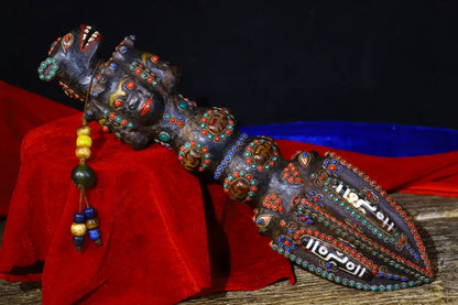 13"Tibetan Temple Collection Old Bronze Natural Meteorite Cinnabar Mosaic Gem gZi Beads Vajra Phurpa Amulet Town House Exorcism