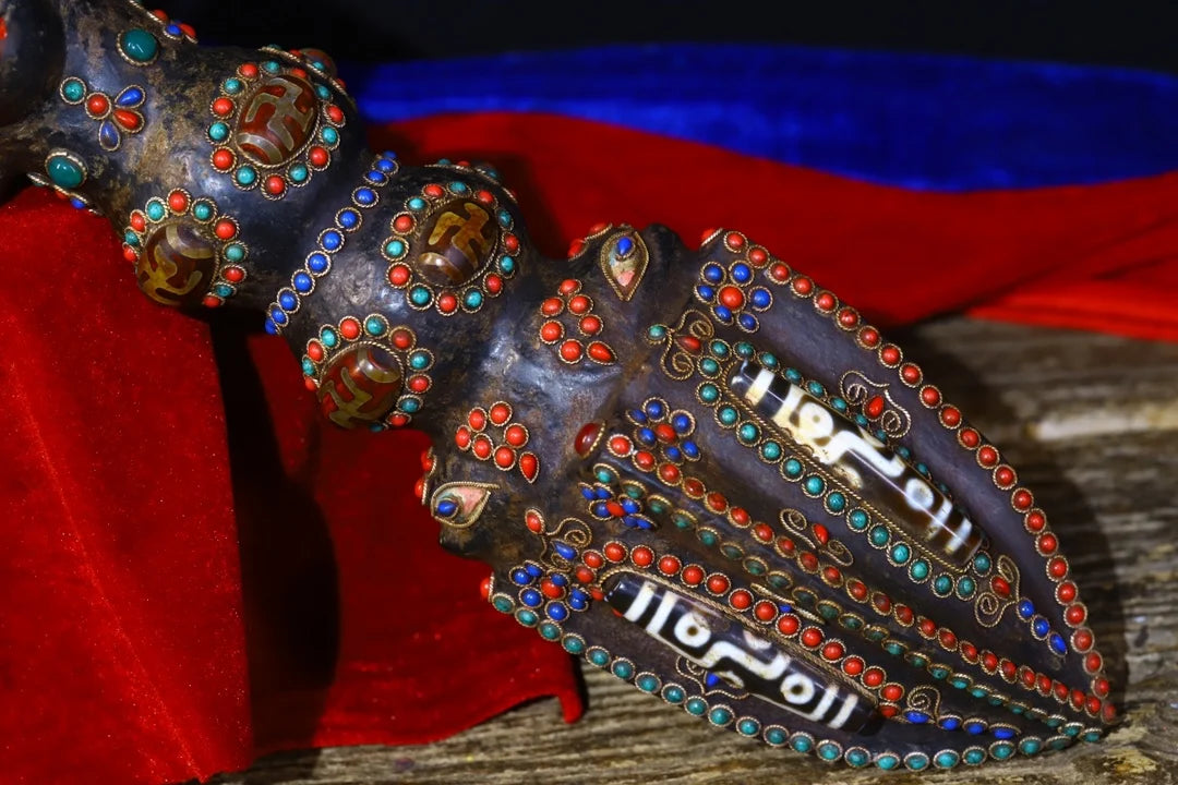 13"Tibetan Temple Collection Old Bronze Natural Meteorite Cinnabar Mosaic Gem gZi Beads Vajra Phurpa Amulet Town House Exorcism