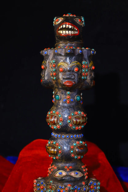 13"Tibetan Temple Collection Old Bronze Natural Meteorite Cinnabar Mosaic Gem gZi Beads Vajra Phurpa Amulet Town House Exorcism