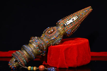 13"Tibetan Temple Collection Old Bronze Natural Meteorite Filigree Mosaic Gem gZi BeadsDorje Vajra Phurpa Town House Exorcism