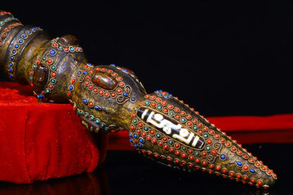 13"Tibetan Temple Collection Old Bronze Natural Meteorite Filigree Mosaic Gem gZi BeadsDorje Vajra Phurpa Town House Exorcism