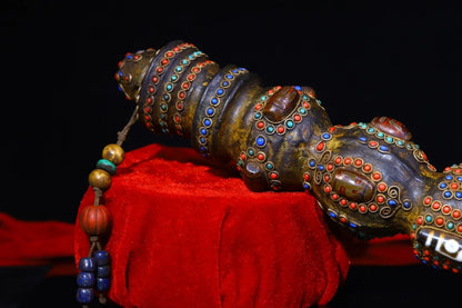 13"Tibetan Temple Collection Old Bronze Natural Meteorite Filigree Mosaic Gem gZi BeadsDorje Vajra Phurpa Town House Exorcism