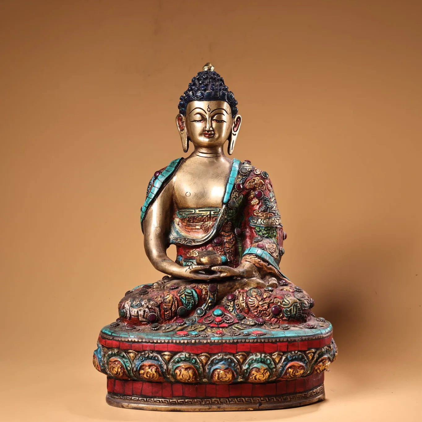 13"Tibetan Temple Collection Old Bronze Painted Outline in gold Mosaic Gem Turquoise Shakyamuni Sitting Buddha Worship Hall