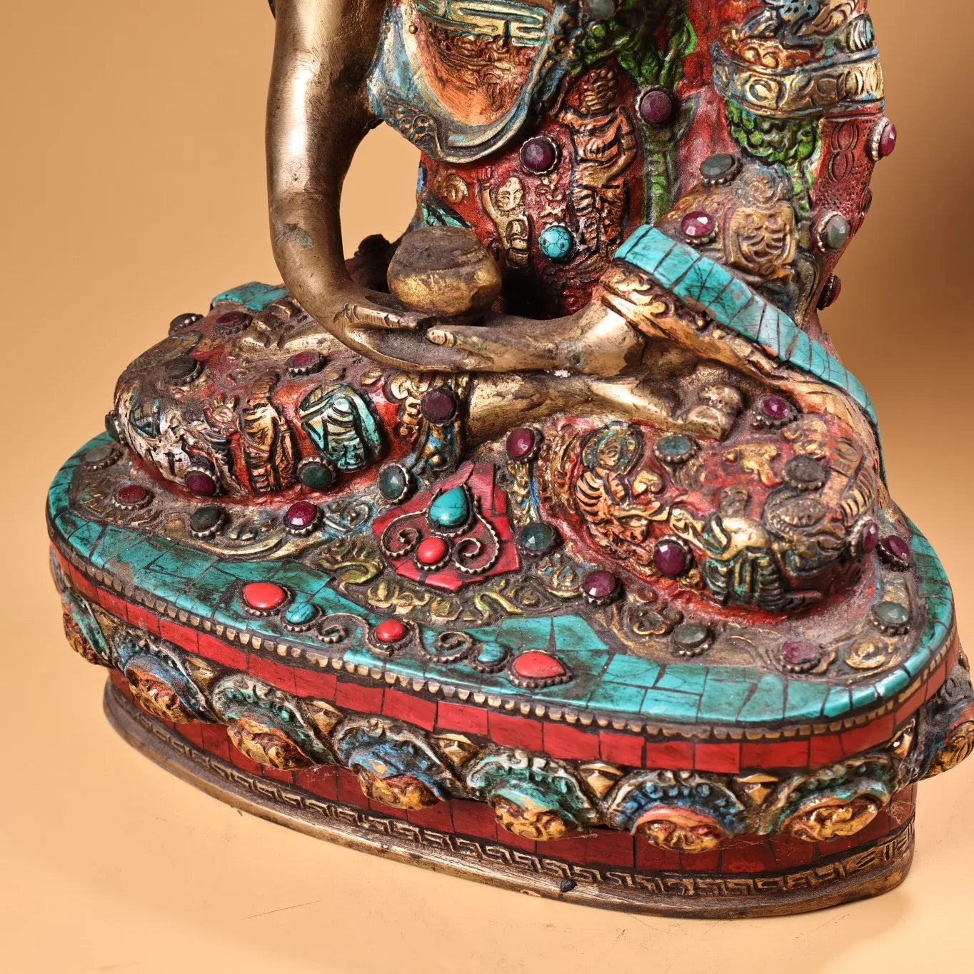 13"Tibetan Temple Collection Old Bronze Painted Outline in gold Mosaic Gem Turquoise Shakyamuni Sitting Buddha Worship Hall