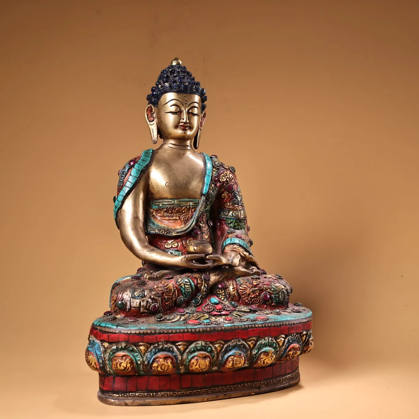 13"Tibetan Temple Collection Old Bronze Painted Outline in gold Mosaic Gem Turquoise Shakyamuni Sitting Buddha Worship Hall