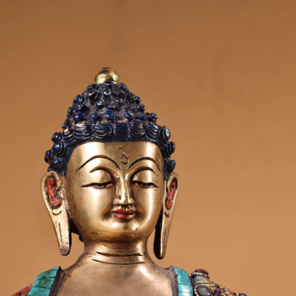 13"Tibetan Temple Collection Old Bronze Painted Outline in gold Mosaic Gem Turquoise Shakyamuni Sitting Buddha Worship Hall