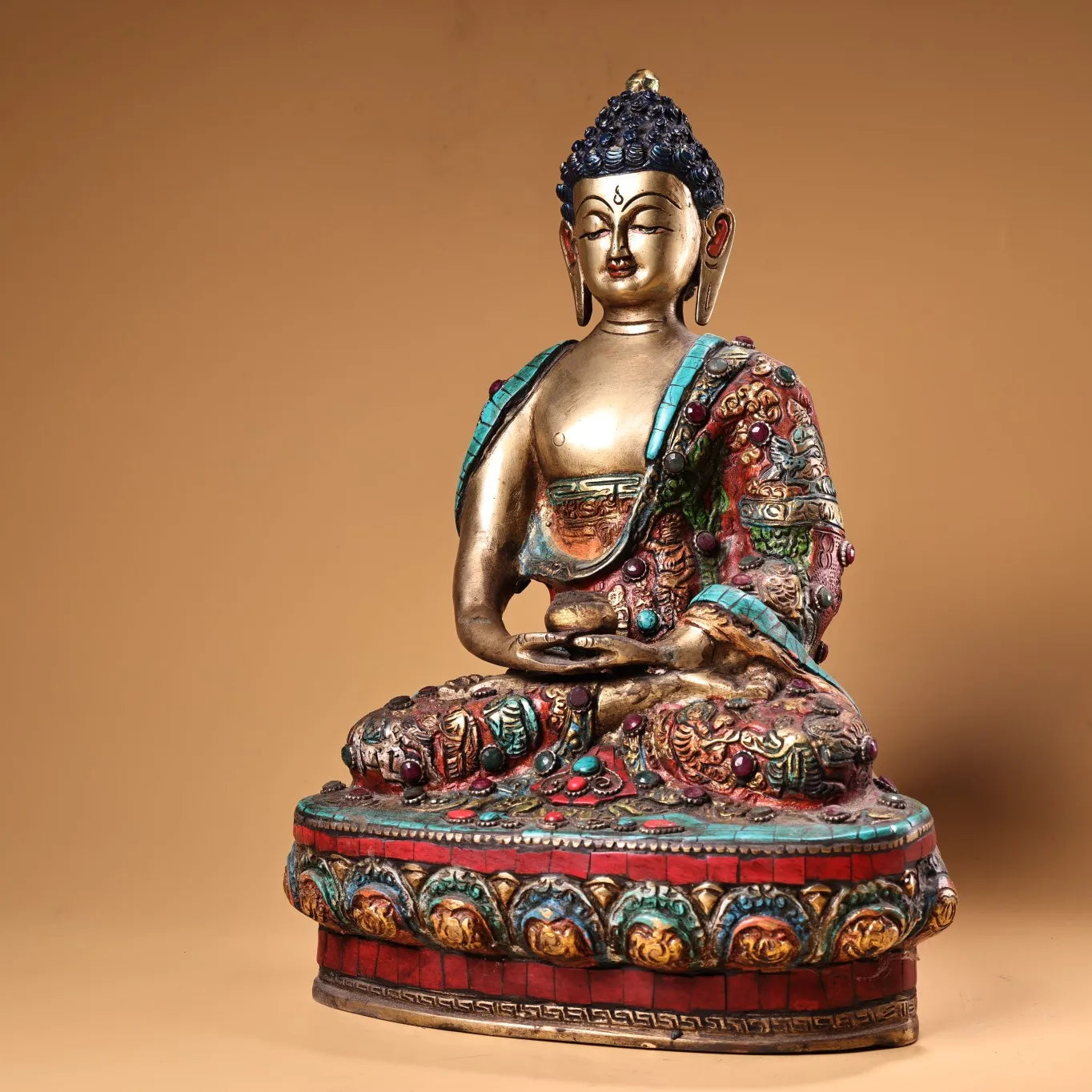 13"Tibetan Temple Collection Old Bronze Painted Outline in gold Mosaic Gem Turquoise Shakyamuni Sitting Buddha Worship Hall
