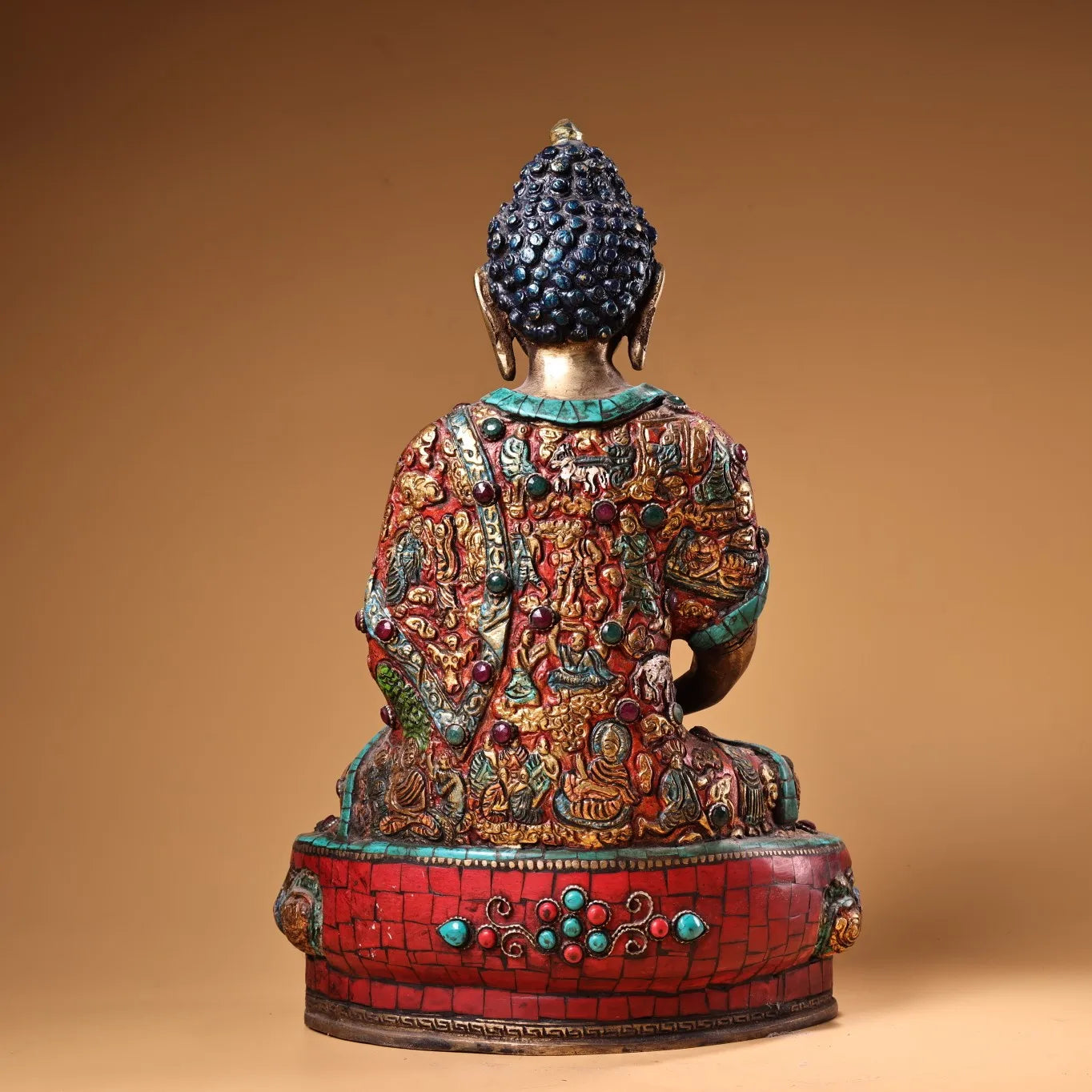 13"Tibetan Temple Collection Old Bronze Painted Outline in gold Mosaic Gem Turquoise Shakyamuni Sitting Buddha Worship Hall