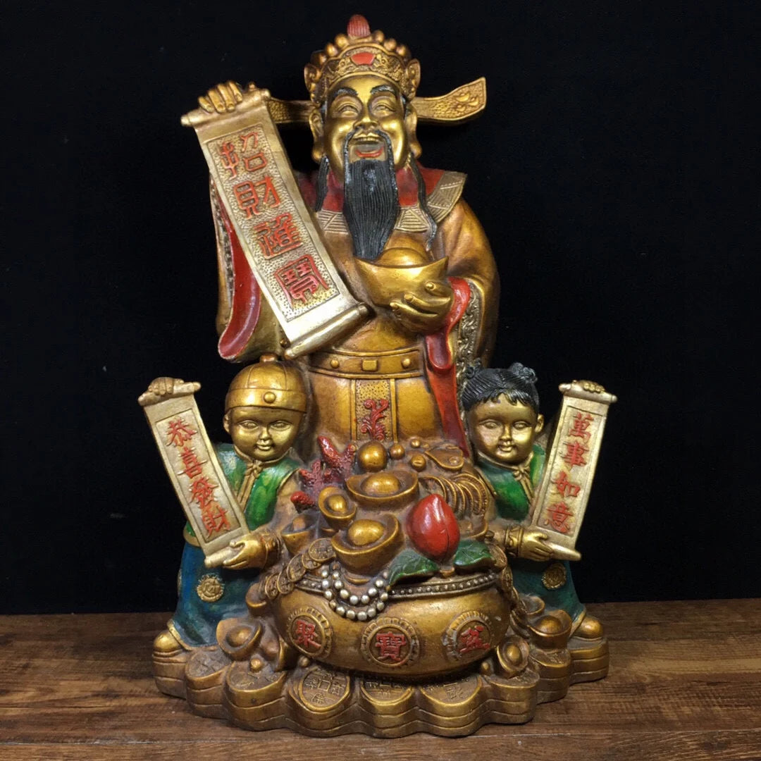 13"Tibetan Temple Collection Old Bronze Painted fortune God of Fortune golden boy and girl Gather fortune Ornament Town house