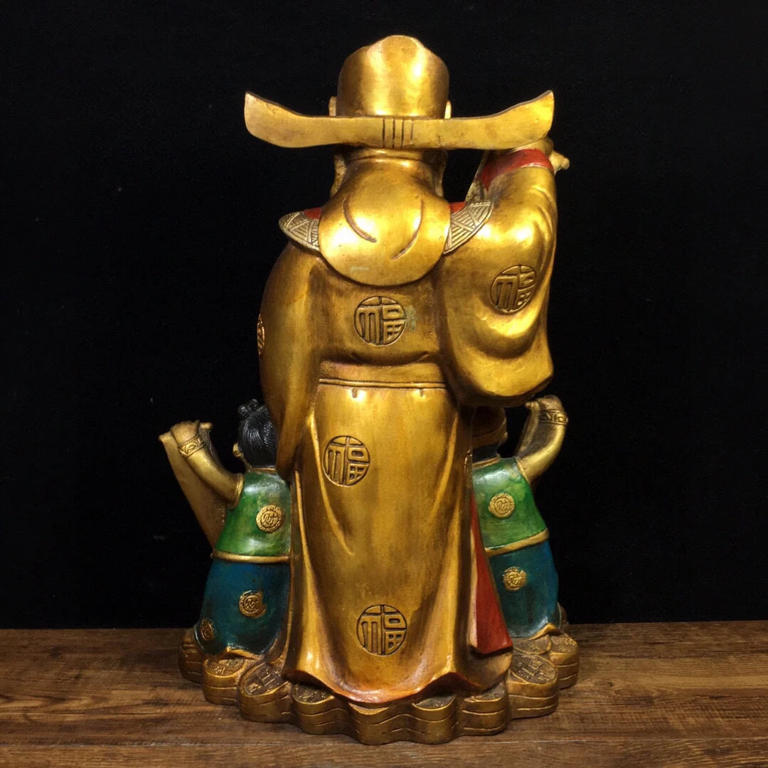 13"Tibetan Temple Collection Old Bronze Painted fortune God of Fortune golden boy and girl Gather fortune Ornament Town house