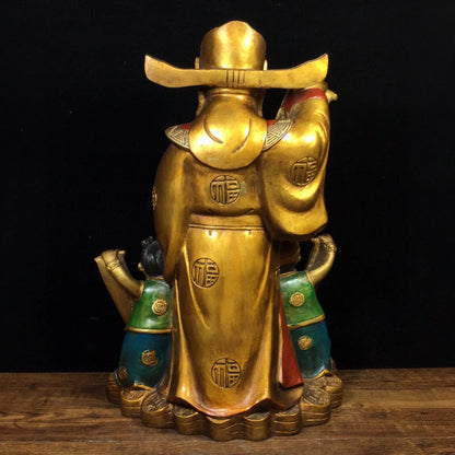 13"Tibetan Temple Collection Old Bronze Painted fortune God of Fortune golden boy and girl Gather fortune Ornament Town house
