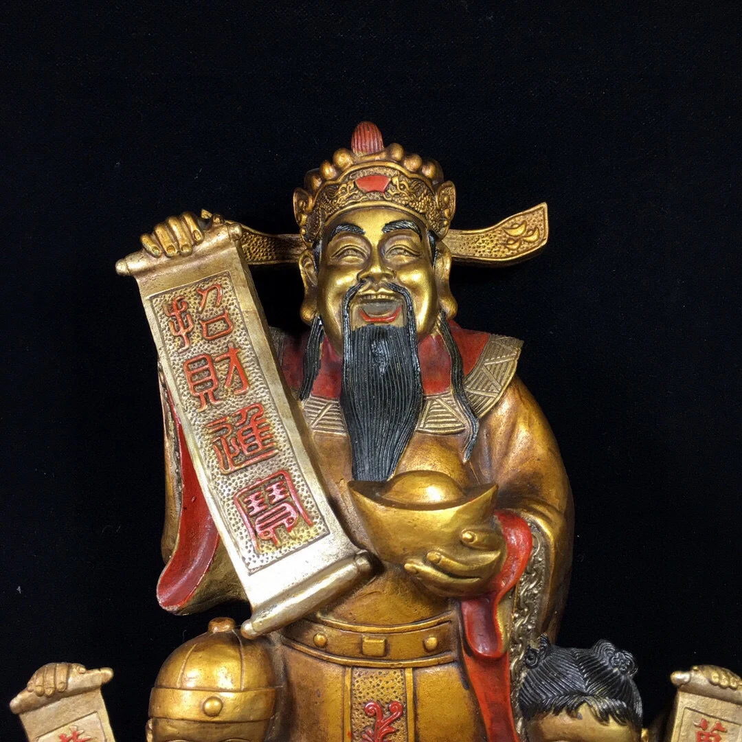 13"Tibetan Temple Collection Old Bronze Painted fortune God of Fortune golden boy and girl Gather fortune Ornament Town house