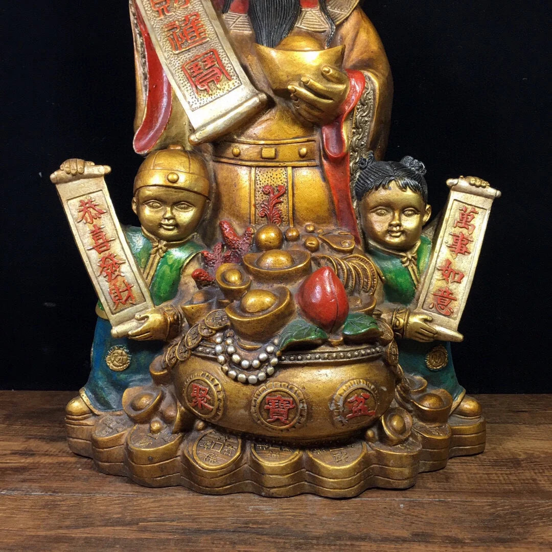 13"Tibetan Temple Collection Old Bronze Painted fortune God of Fortune golden boy and girl Gather fortune Ornament Town house