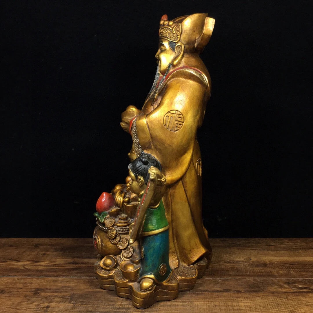13"Tibetan Temple Collection Old Bronze Painted fortune God of Fortune golden boy and girl Gather fortune Ornament Town house