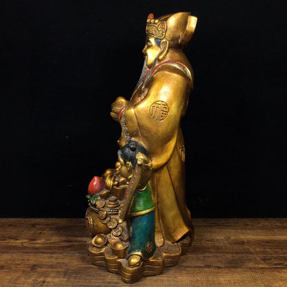 13"Tibetan Temple Collection Old Bronze Painted fortune God of Fortune golden boy and girl Gather fortune Ornament Town house