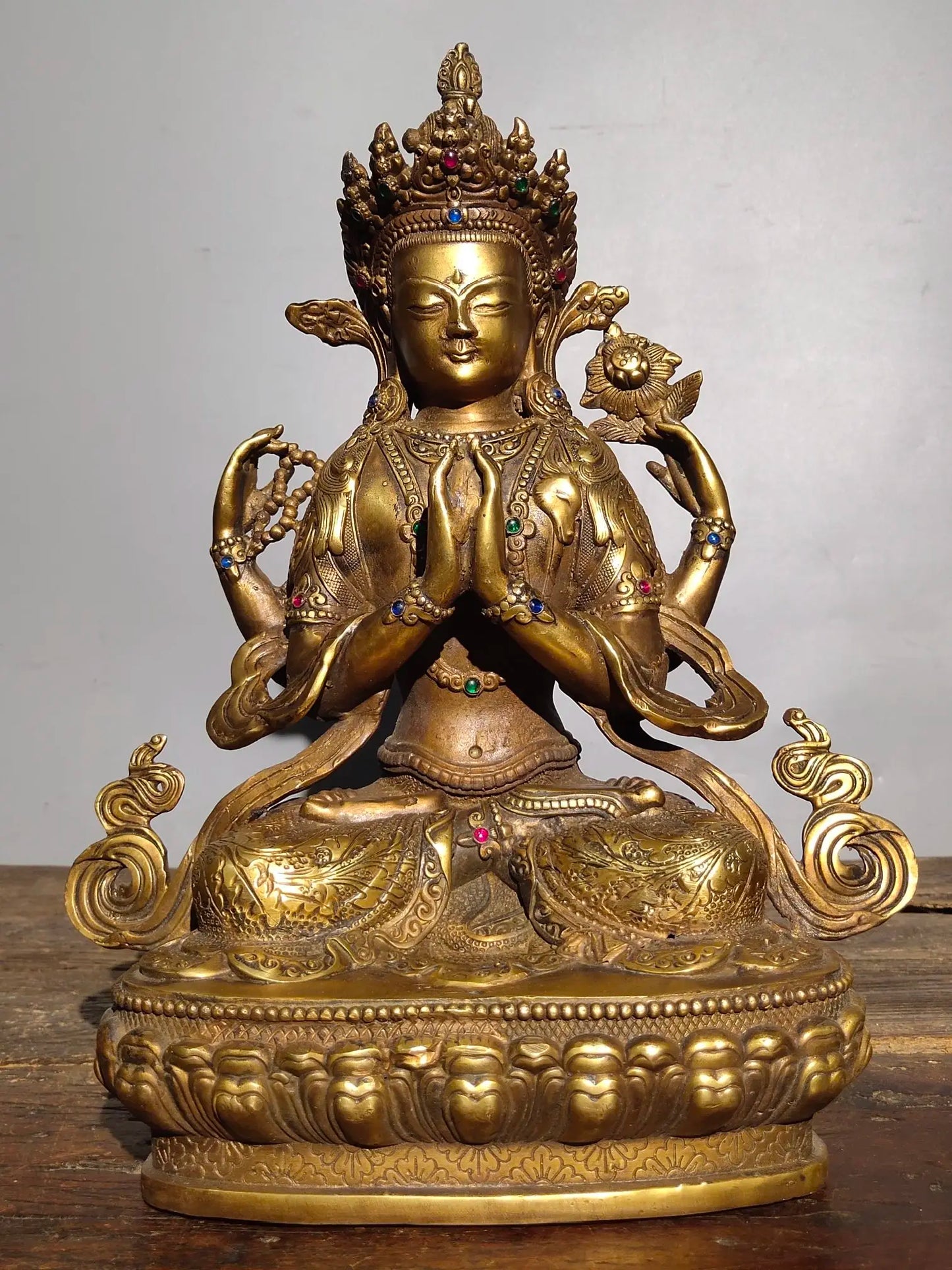 13"Tibetan Temple Collection Old Bronze mosaic Gem Four Arm Guanyin Sitting Buddha lotus platform Worship Hall Town house