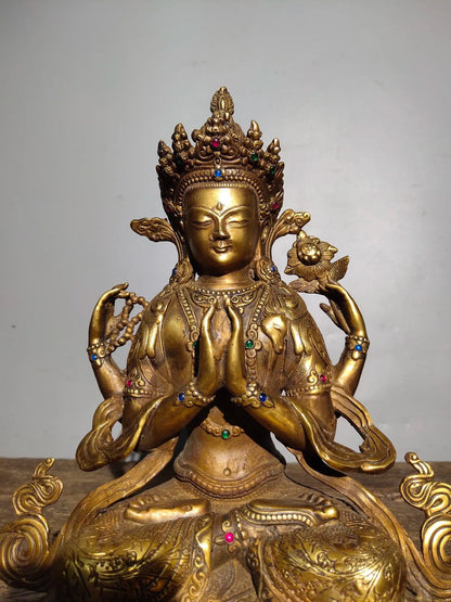 13"Tibetan Temple Collection Old Bronze mosaic Gem Four Arm Guanyin Sitting Buddha lotus platform Worship Hall Town house