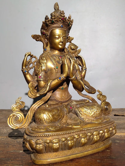 13"Tibetan Temple Collection Old Bronze mosaic Gem Four Arm Guanyin Sitting Buddha lotus platform Worship Hall Town house