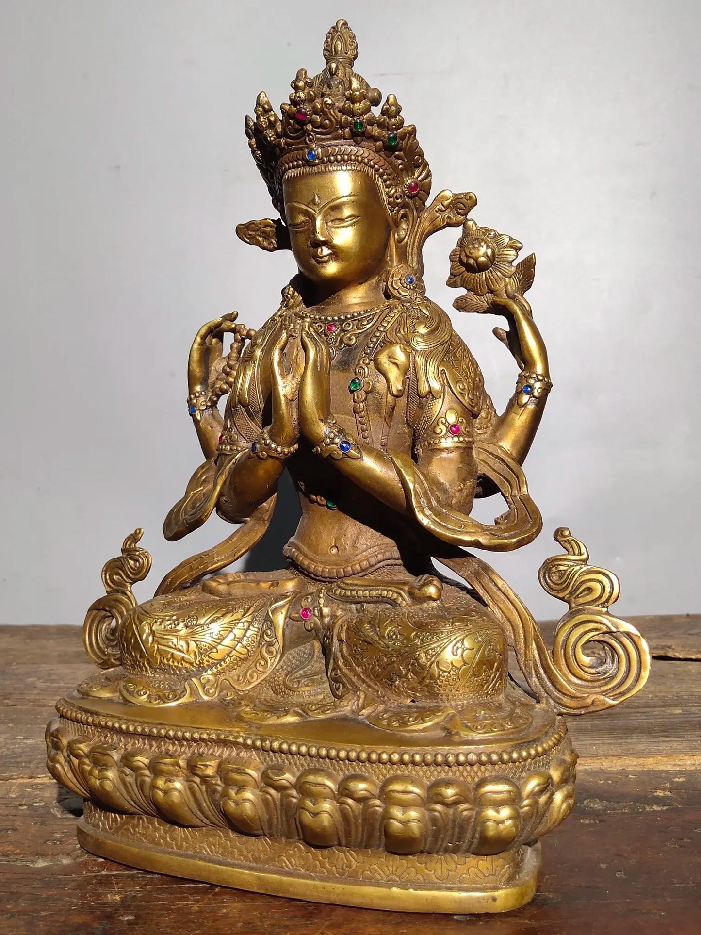 13"Tibetan Temple Collection Old Bronze mosaic Gem Four Arm Guanyin Sitting Buddha lotus platform Worship Hall Town house