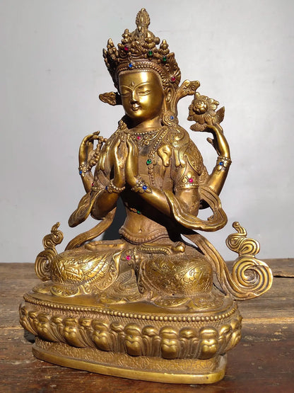13"Tibetan Temple Collection Old Bronze mosaic Gem Four Arm Guanyin Sitting Buddha lotus platform Worship Hall Town house