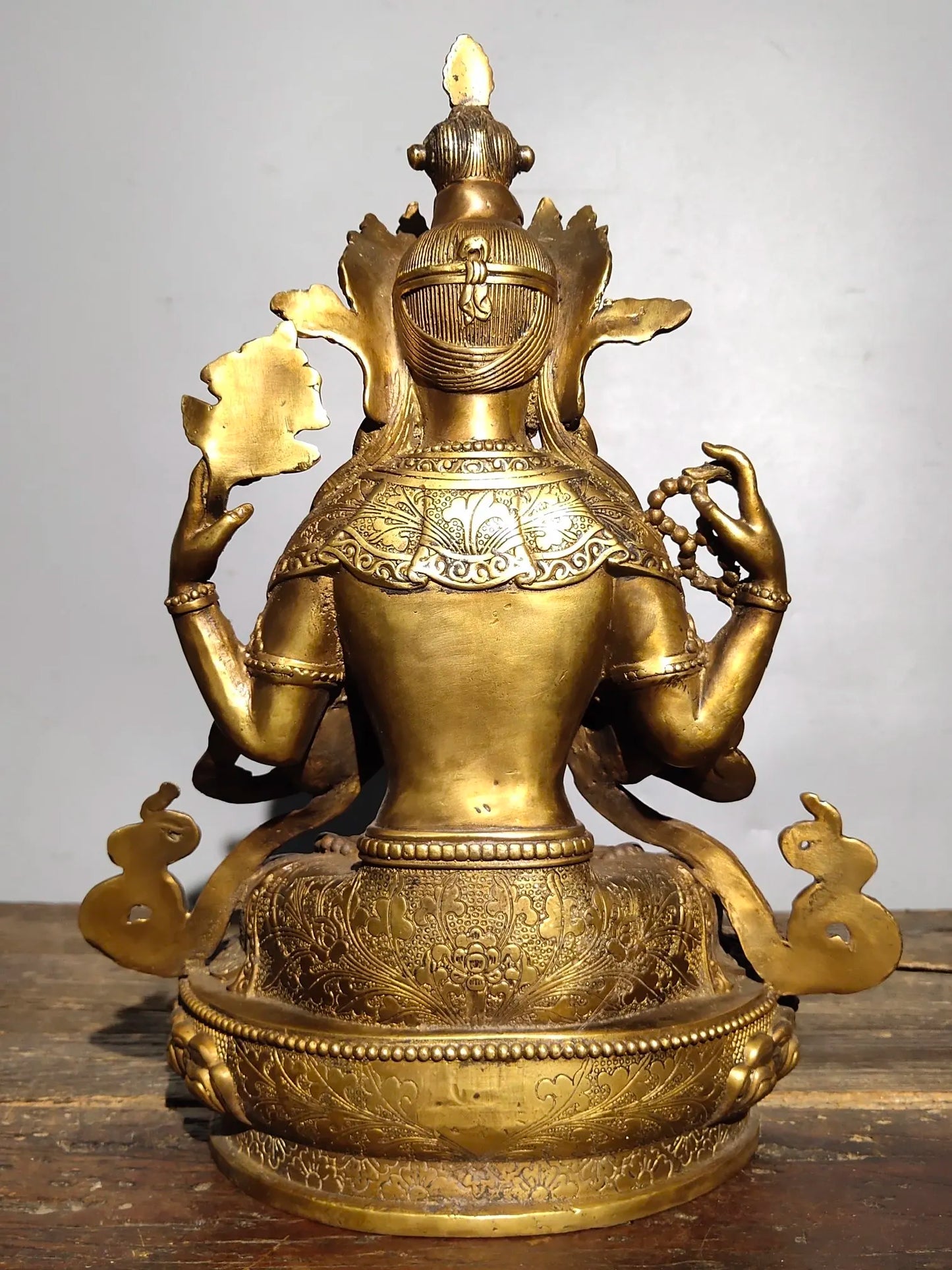 13"Tibetan Temple Collection Old Bronze mosaic Gem Four Arm Guanyin Sitting Buddha lotus platform Worship Hall Town house