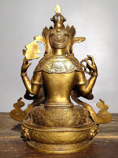 13"Tibetan Temple Collection Old Bronze mosaic Gem Four Arm Guanyin Sitting Buddha lotus platform Worship Hall Town house