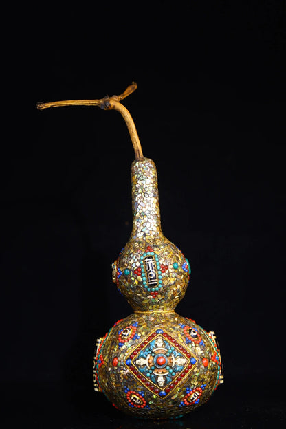 13"Tibetan Temple Collection Old  Natural Gourd Mosaic Gem Shell gZi Beads Town House Gourd Dharma Amulet Worship Hall Exorcism