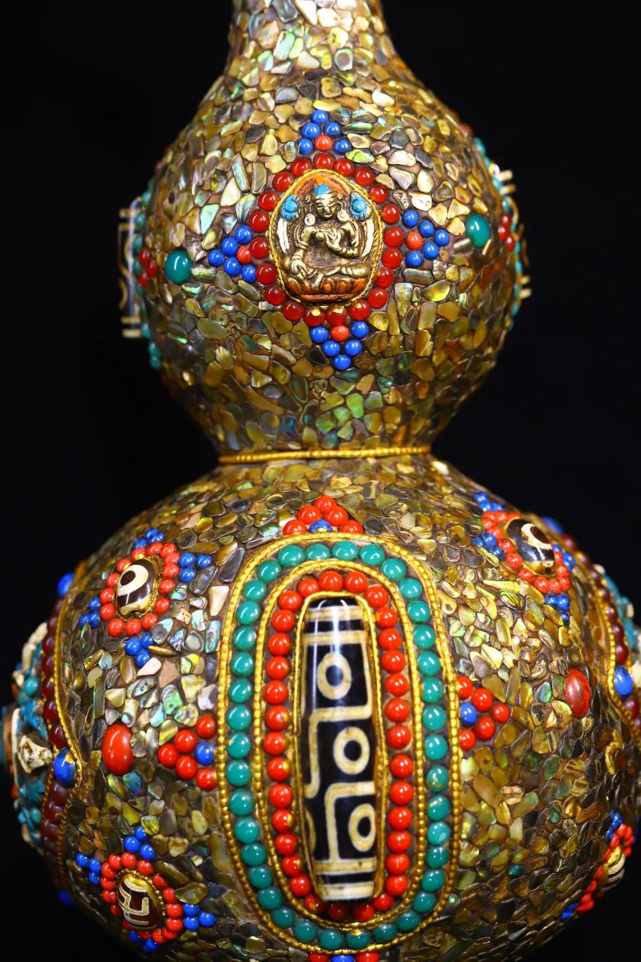 13"Tibetan Temple Collection Old  Natural Gourd Mosaic Gem Shell gZi Beads Town House Gourd Dharma Amulet Worship Hall Exorcism